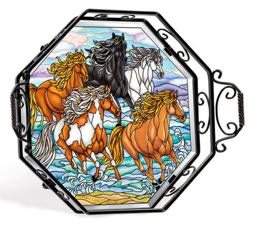 Beveled Glass Octogon tray- Wild Mustangs