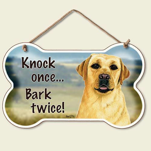 Decorative Wood Sign: Knock Once... Bark Twice - Yellow Lab