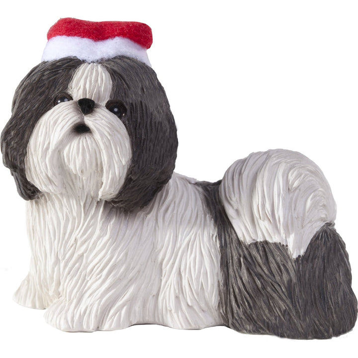 Sandicast Silver and White Shih Tzu with Santa Hat Christmas Ornament